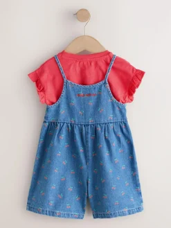 Next Dark Blue Cherry Printed Denim Playsuit and T-Shirt (3mths-7yrs)^ Jumpsuits & Playsuits