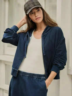 Hot Next Dark Blue Denim Jersey Zip Through Hoodie