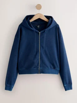 Hot Next Dark Blue Denim Jersey Zip Through Hoodie