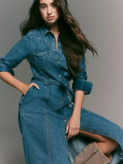 Hot Next Denim Midi Shirt Dress Dark Blue