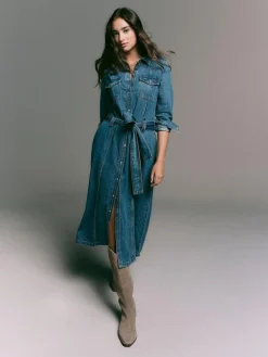 Hot Next Denim Midi Shirt Dress Dark Blue