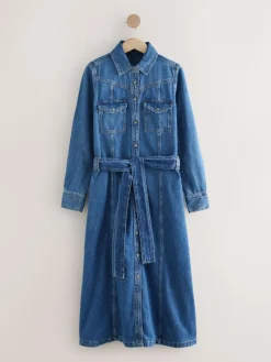 Hot Next Denim Midi Shirt Dress Dark Blue
