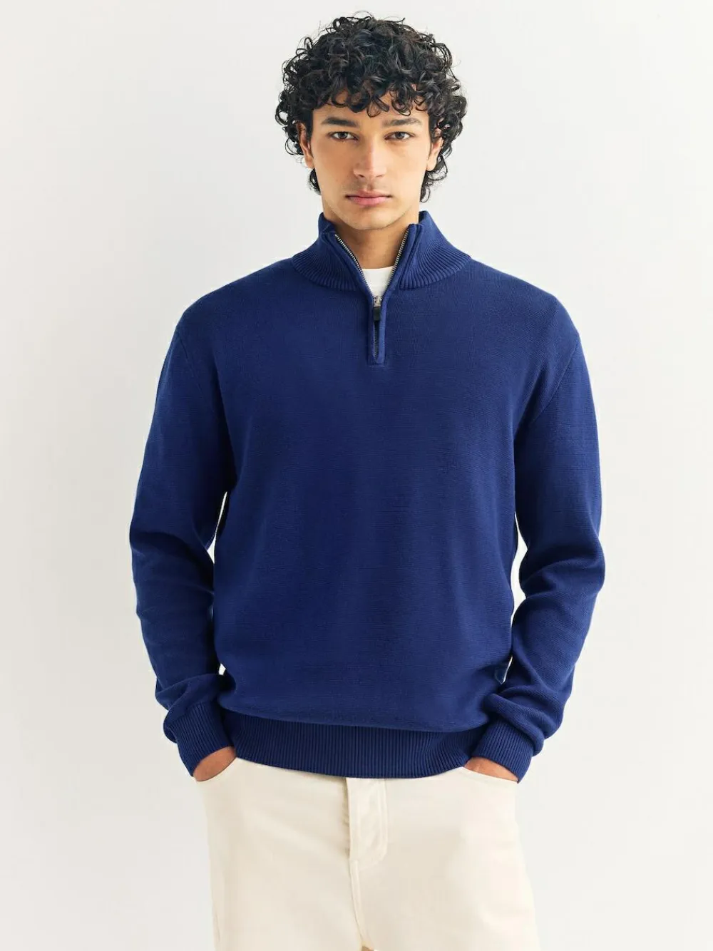 Next Dark Blue Plain N.Premium Regular Fit 100% Cotton Premium Quarter Zip Jumper^ Knitwear|Knitwear