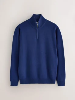 Next Dark Blue Plain N.Premium Regular Fit 100% Cotton Premium Quarter Zip Jumper^ Knitwear|Knitwear