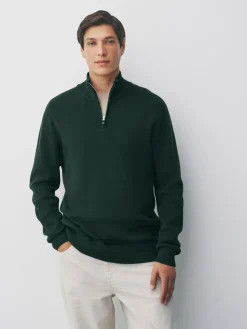 Online Next Dark Green Plain N.Premium Regular Fit 100% Cotton Premium Quarter Zip Jumper