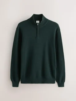 Online Next Dark Green Plain N.Premium Regular Fit 100% Cotton Premium Quarter Zip Jumper