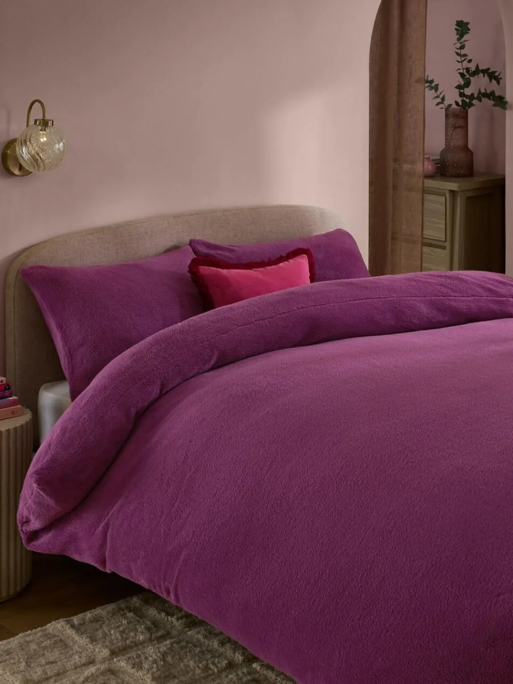 Next Dark Pink Teddy Fleece Duvet Cover and Pillowcase Set^ Bedsets & Duvet Covers