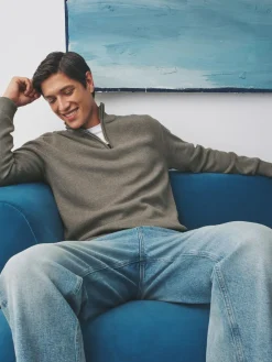 New Next Dark Stone Plain N.Premium Regular Fit 100% Cotton Premium Quarter Zip Jumper