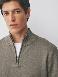 New Next Dark Stone Plain N.Premium Regular Fit 100% Cotton Premium Quarter Zip Jumper