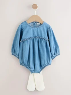 Next Denim Blue Baby Bloomer Rompers Set 2 Piece with Tights (0mths-3yrs)^ Sets & Co-Ords|Sets & Co-Ords