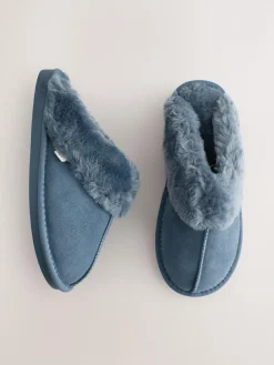 Next Denim Blue Faux Fur Lined Suede Mule Slippers^Women Slippers|All Night & Lounge
