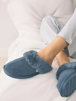 Next Denim Blue Faux Fur Lined Suede Mule Slippers^Women Slippers|All Night & Lounge
