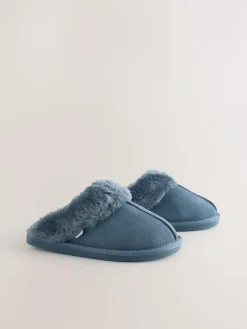 Next Denim Blue Faux Fur Lined Suede Mule Slippers^Women Slippers|All Night & Lounge