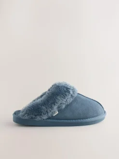Next Denim Blue Faux Fur Lined Suede Mule Slippers^Women Slippers|All Night & Lounge