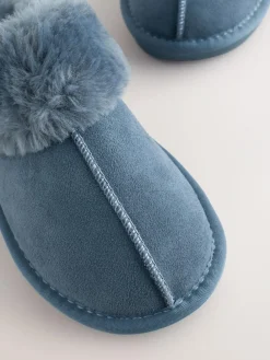 Next Denim Blue Faux Fur Lined Suede Mule Slippers^Women Slippers|All Night & Lounge
