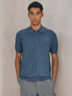 Next N.Premium Regular Fit Checkerboard Knitted Short Sleeve Zip Neck Polo Shirt Denim Blue