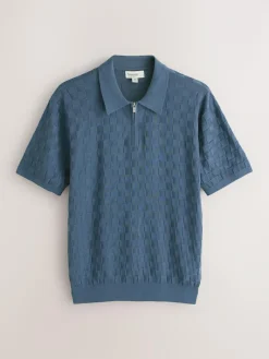 Next N.Premium Regular Fit Checkerboard Knitted Short Sleeve Zip Neck Polo Shirt Denim Blue