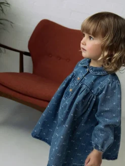 Hot Next Long Sleeve Collar Dress (3mths-8yrs) Denim Bow