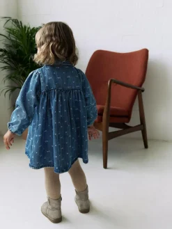 Hot Next Long Sleeve Collar Dress (3mths-8yrs) Denim Bow
