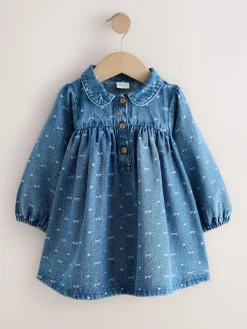 Hot Next Long Sleeve Collar Dress (3mths-8yrs) Denim Bow