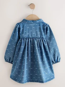 Hot Next Long Sleeve Collar Dress (3mths-8yrs) Denim Bow