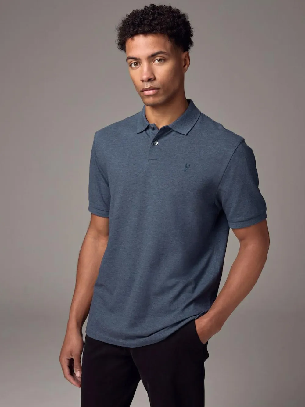 Clearance Next Denim Marl Regular Fit Short Sleeve Pique Polo Shirt