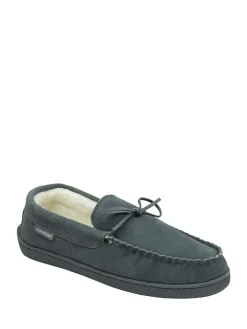 Dunlop Grey Mens Faux Fur Lined Leather Moccasin Slippers^ Slippers|Slippers