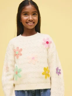 Next Ecru 3D Flower Embroidered Jumper (3-16yrs)^ Nightwear|Knitwear & Sweaters