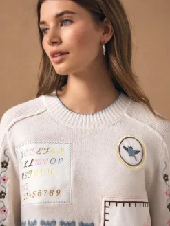 New Next Ecru Embroidered Crew Neck Knitted Jumper with Wool