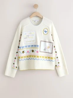 New Next Ecru Embroidered Crew Neck Knitted Jumper with Wool
