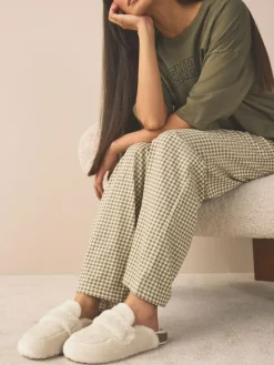 Next Ecru Faux Fur Heart Footbed Slippers^Women All Night & Lounge|Slippers