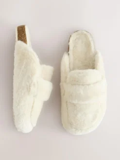 Next Ecru Faux Fur Heart Footbed Slippers^Women All Night & Lounge|Slippers