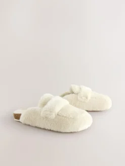 Next Ecru Faux Fur Heart Footbed Slippers^Women All Night & Lounge|Slippers