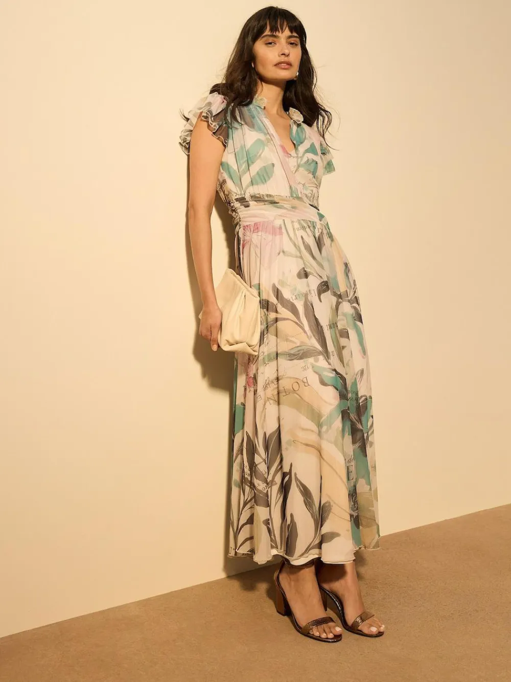 Next Pleated Mesh Print V-Neck Occasion Maxi Dress^Women Occasion Dresses|Maxi Dresses