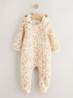 Next Ecru Floral Printed Baby Hooded Crinkle Woven Pramsuit (0mths-2yrs)^ Baby Winter Clothing|Coats, Jackets & Pramsuits