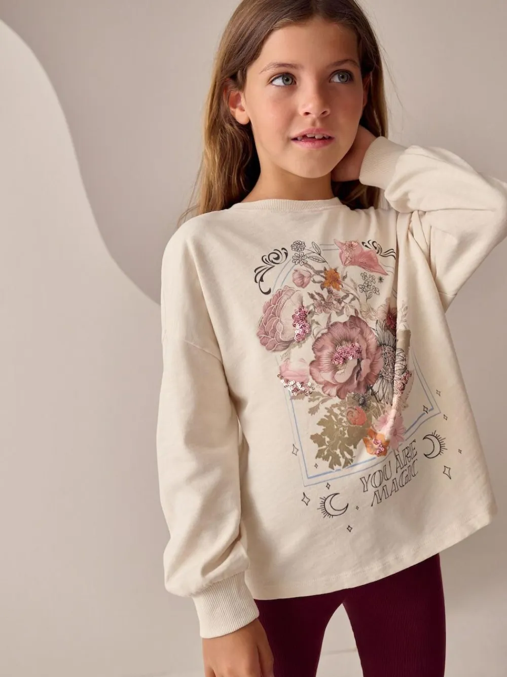 Next Ecru Floral Sequin Long Sleeve Top (3-16yrs)^ Tops|T-Shirts