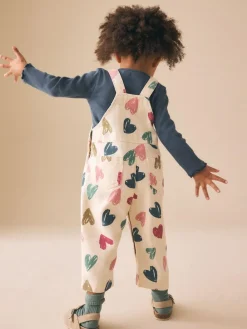 Clearance Next Ecru Heart Print Dungarees and T-Shirt Set (3mths-7yrs)