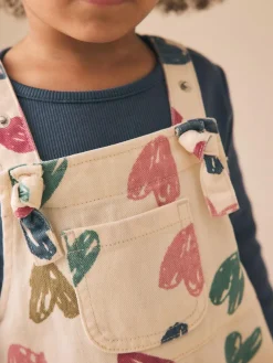 Clearance Next Ecru Heart Print Dungarees and T-Shirt Set (3mths-7yrs)