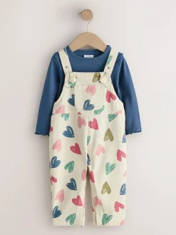 Clearance Next Ecru Heart Print Dungarees and T-Shirt Set (3mths-7yrs)