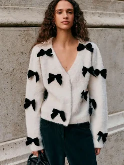 Sale Next Knitted Velvet Bow Cardigan With Wool Ecru