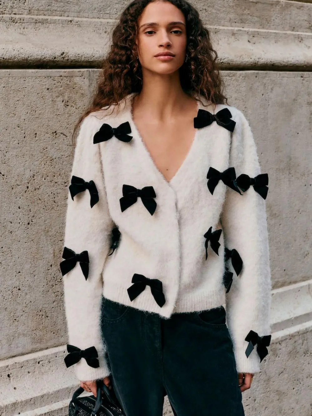 Sale Next Knitted Velvet Bow Cardigan With Wool Ecru