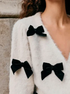 Sale Next Knitted Velvet Bow Cardigan With Wool Ecru
