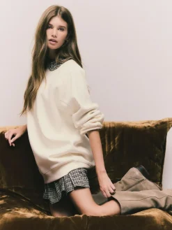 Online Next Relaxed Fit Heavyweight Longline Crew Neck Sweatshirt Ecru Off White