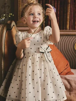 Online Next Ecru Spot Bow Dress (3mths-8yrs)