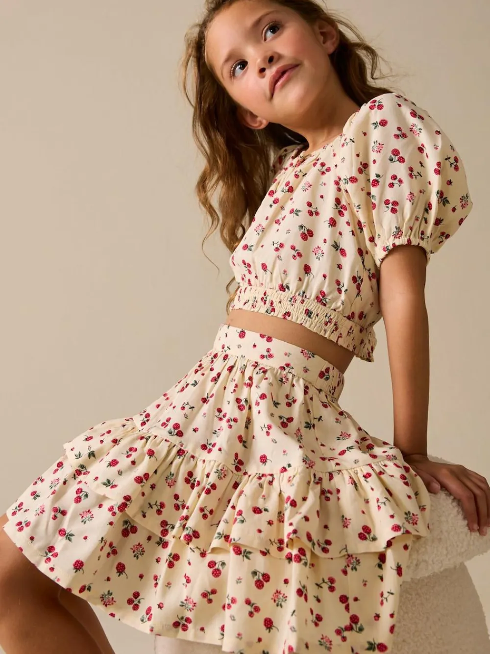 Sale Next Puff Sleeve Blouse and Skirt Set (3-16yrs) Ecru Strawberry