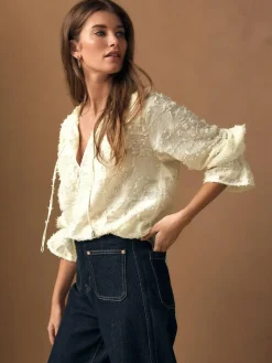 Outlet Next Tufty Jacquard Long Sleeve Blouse Ecru