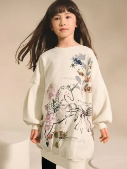Next Ecru Unicorn Graphic Jumper Dress (3-16yrs)^ Knitwear & Sweaters|Knitwear
