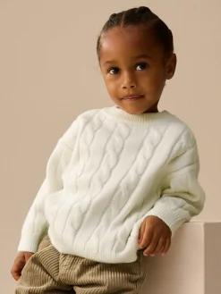 Next Ecru White Cable Knit Crew Neck Jumper (3mths-7yrs)^BOY Knitwear|Knitwear