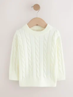 Next Ecru White Cable Knit Crew Neck Jumper (3mths-7yrs)^BOY Knitwear|Knitwear