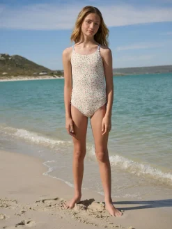 Outlet Next Strappy Ruched Swimsuit (3-16yrs) Ecru White Ditsy Floral